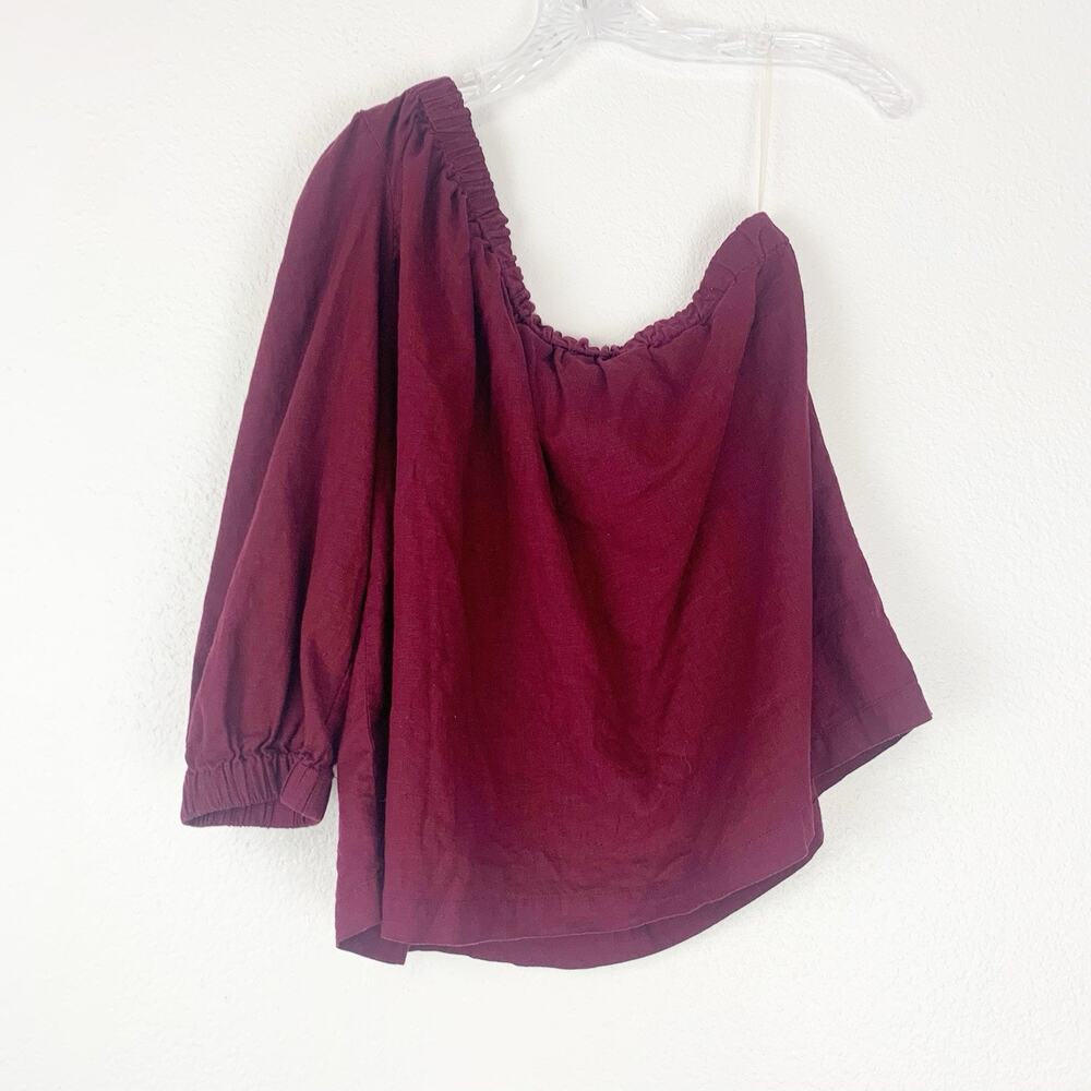 A New Day Womens Medium Top One Shoulder Blouse Maroon Linen Blend Ladies M